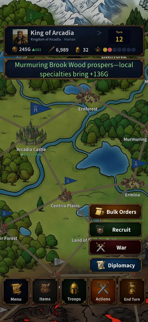 Action menu: Bulk Orders, Recruit, War, Diplomacy